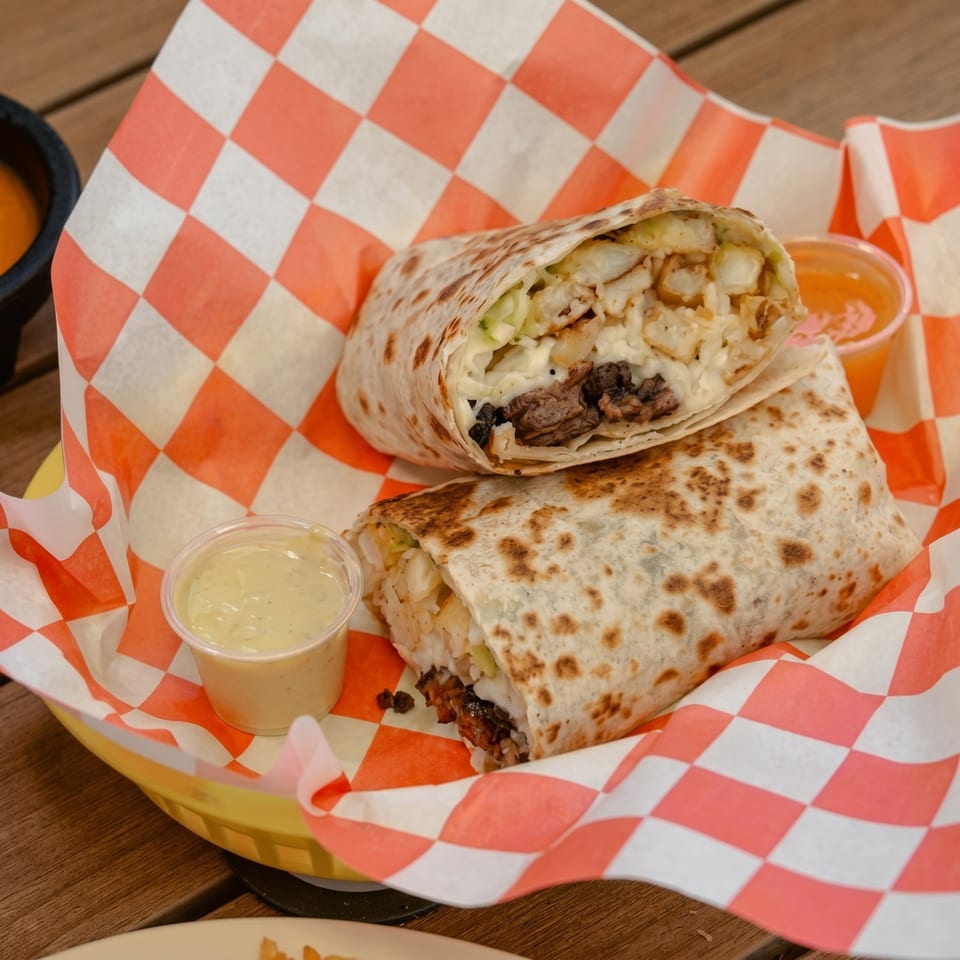 Two burritos with meat, rice, and potatoes in a red and white checkered basket with sauces.