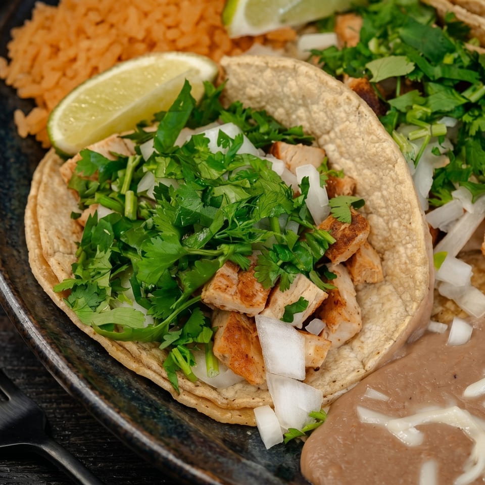 Chicken tacos with cilantro, onions, lime, rice, and refried beans on a dark plate.